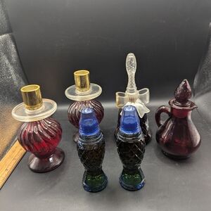 Vintage Lot of Avon Decanters, Candlesticks, Bell, Cruet and Blue Salt/Pepper Sh